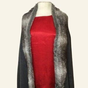 Faux Fur Trimmed Charcoal Gray Wrap Shawl With Floral Pattern & Fringe Edges